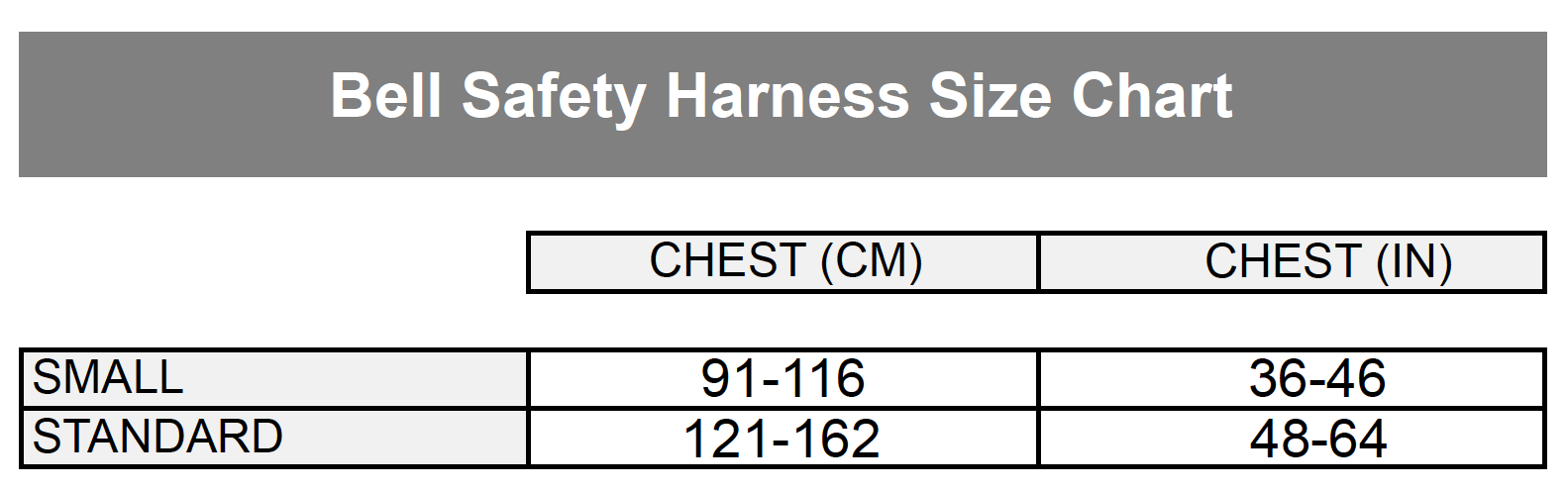 Bell Safety Harness Size Chart